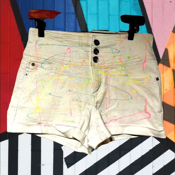 Vintage Look 80’s High Waisted White Shorts Neon Graffiti Jr Size 11 - Picture 4 of 16